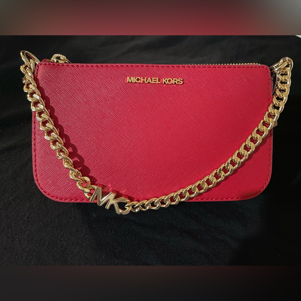 **Sold**Michael Kors Jet Set Crimson Pouchette – Gold Accents. NWT